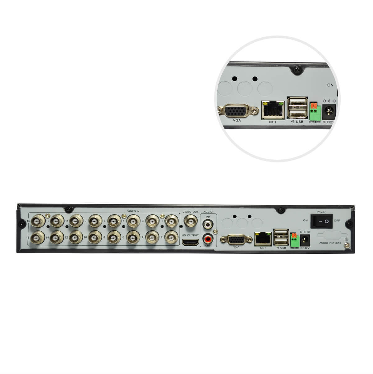 DVR 16-Ch, H.264, Salidas VGA/BNC/HDMI, Audio 1-in/ 1-out, D1/CIF